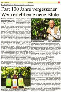 Pressebeitrag 'Fast 100 Jahre vergessener Wein erlebt eine neue Bl&uuml;te' Super Sonntag 20.09.2009
